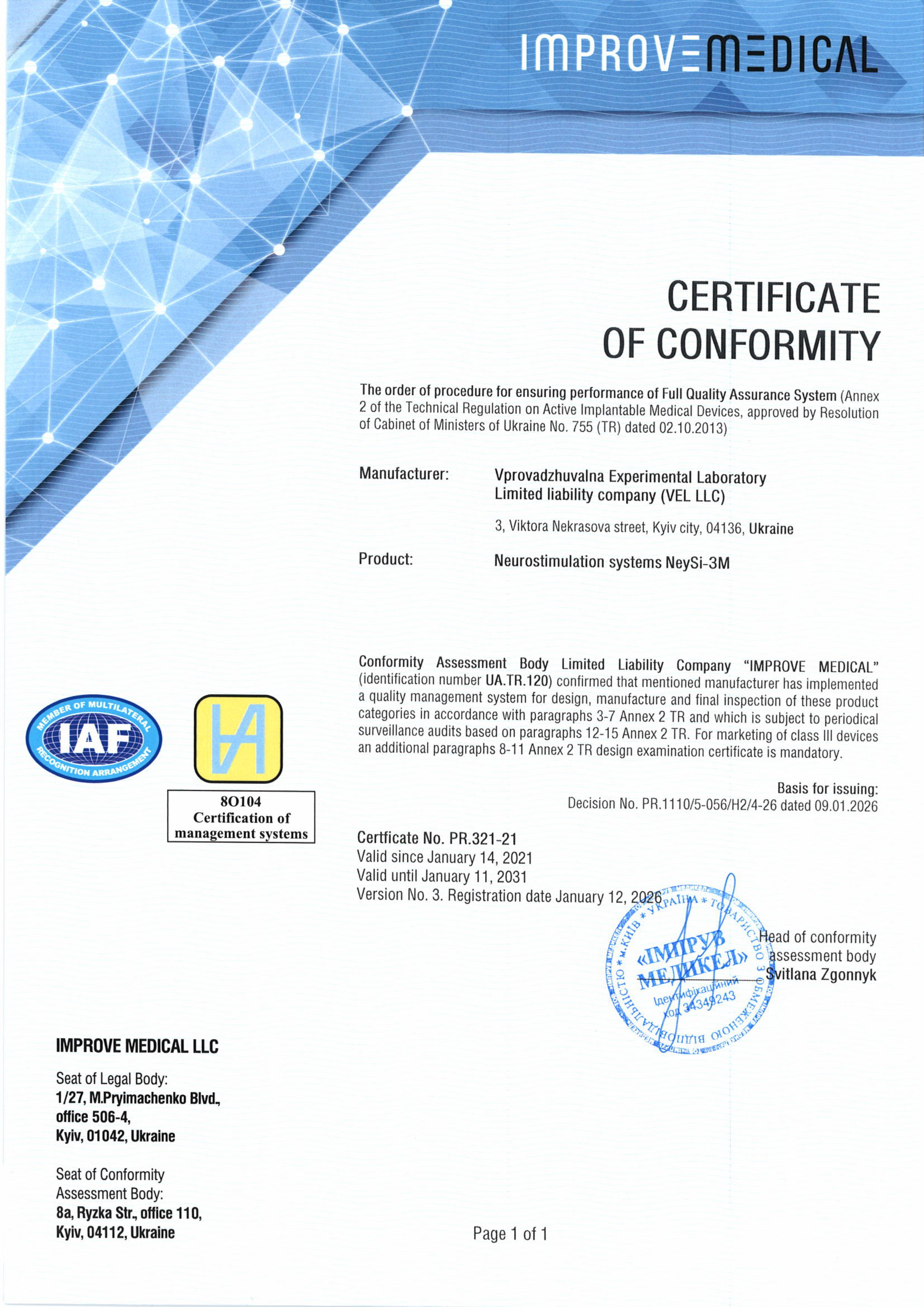 Certificate PR.321-21